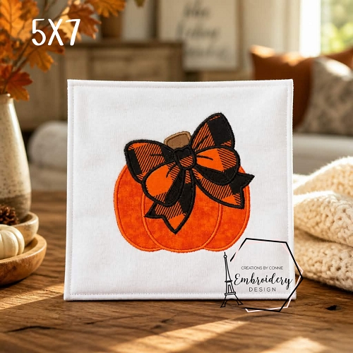 Pumpkin with Bow Applique Embroidery Design - 5x7